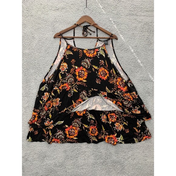 TORRID 5 Spaghetti Strap Black Orange Floral Tiered Tie-Neck Blouse Top Drapey - Picture 5 of 10